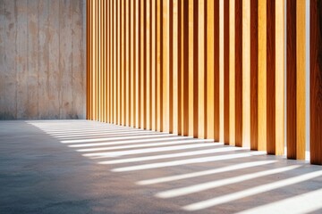 Fototapeta premium A close-up of vertical wooden slats in an outdoor building wall, illuminated by the morning sun casting long shadows on the concrete floor. 