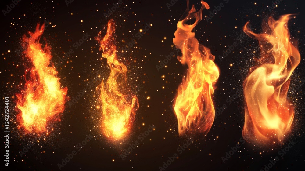 Poster dynamic flame sequence with glowing sparks and bright embers