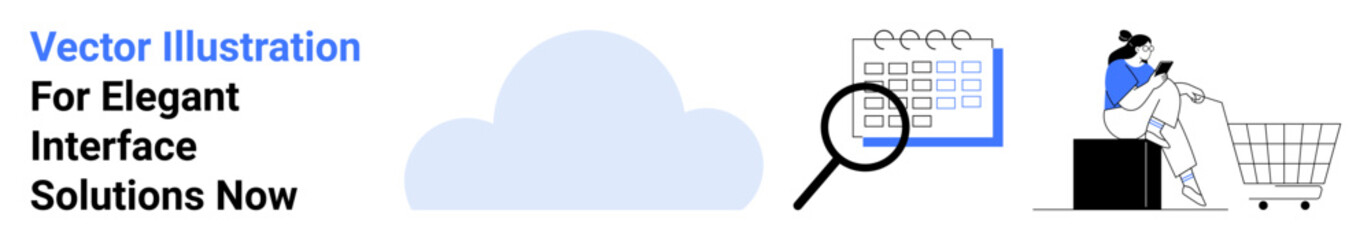 Woman browsing phone near shopping cart and boxes, calendar magnified with lens, cloud graphic. Ideal for online shopping, e-commerce, scheduling tools, cloud services, time management, tech apps