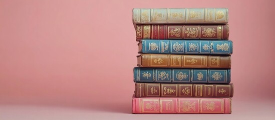 A stack of vintage books with ornate covers against a soft pink background, showcasing literary history