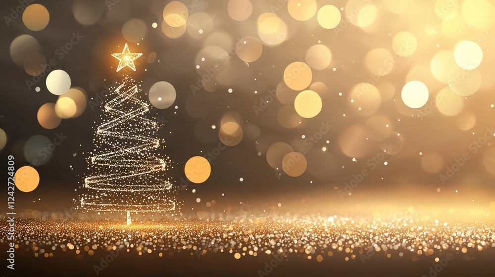 Poster sparkling christmas tree with golden bokeh background