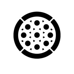 Pizza Icon: A simple yet recognizable black and white icon of a classic pizza, featuring a circular crust with evenly spaced toppings.  Perfect for menus, food blogs.