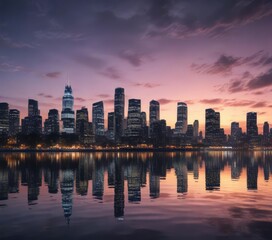 Fototapeta premium Twilight skyline reflected on glassy waterfront, reflection, skyscrapers, waterfront, glassy