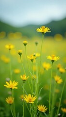 Fototapeta premium Tall yellow and green wildflowers swaying gently, landscape, wildflowers, yellow