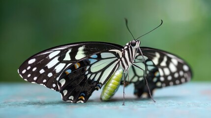 Obraz premium A close-up of a butterfly showcasing its intricate wings and a green caterpillar beside it.