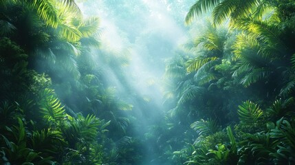 Obraz premium Sunbeams pierce misty tropical jungle path