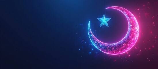 Vibrant crescent moon and star glowing in a mystical night sky with sparkling effects