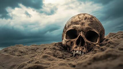 A Skull in the Sand Under a Stormy Sky