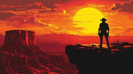 Obraz premium Lone Cowboy Silhouette at Sunset Over Canyon Landscape