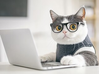 A stylish cat with glasses sits at a laptop, exuding a quirky, intellectual vibe in a bright, modern setting.