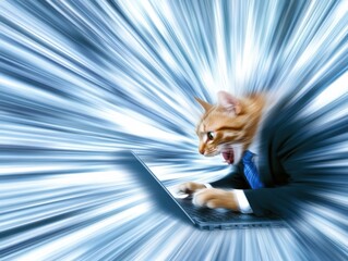 A frantic cat in a suit appears to type rapidly on a laptop, surrounded by a burst of dynamic light, suggesting high energy and urgency.