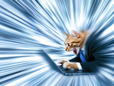 A frantic cat in a suit appears to type rapidly on a laptop, surrounded by a burst of dynamic light, suggesting high energy and urgency.