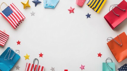 Fototapeta premium Colorful shopping bags with star decorations on a white background.