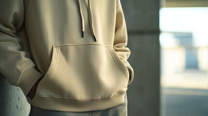Naklejka premium Detailed shot of a beige hoodie’s front pocket and drawstrings, emphasizing fabric quality and craftsmanship. Perfect for apparel branding, e-commerce, and promotional mockups.