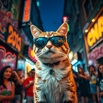Gato de cadera. Un gato con gafas de sol.