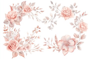 Dusty rose floral arrangements, wedding invitation design, botanical illustration, elegant background