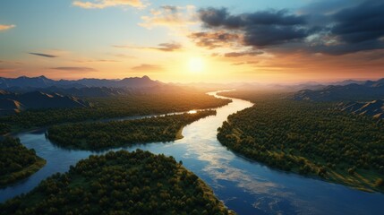 Aerial View of a Scenic River Valley in Beautiful Evening Light Surrounded by Lush Green Forests and Majestic Mountains at Sunset
