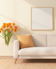 Orange Tulips and Beige Sofa in a Minimalist Interior