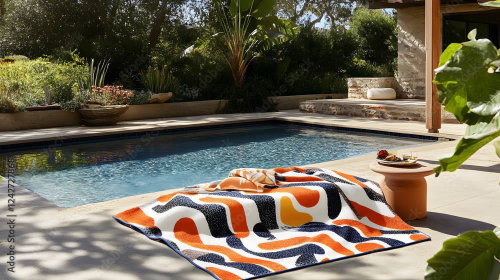 Poster a colorful blanket is laid by a pool surrounded by greenery, creating a serene outdoor relaxation sp