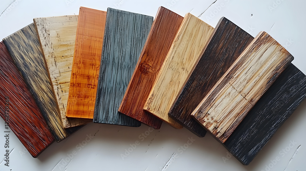 Poster various wood samples arranged in a fan-like display, showcasing a range of colors and textures.