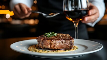 Professional waiter serving gourmet steak dish on white plate in upscale restaurant setting with elegant glass of red wine