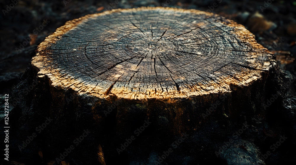 Aufkleber Tree stump with visible growth rings and textured surface, illuminated by soft light, resting on a dark background.