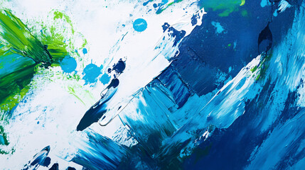 An abstract canvas painting displays vibrant oil and acrylic brushstrokes in shades of green, blue, and white.