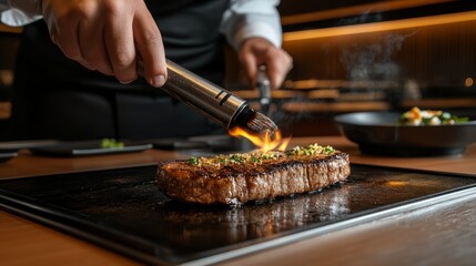 Chefs Capturing the Perfect Moment with a Torch Over Grilled Steak on Plate in Professional Kitchen