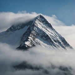 A solitary snow-covered mountain rising above the mist, with nothing else in view.