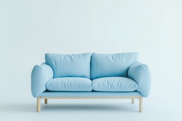 Light blue sofa, minimalist room, interior design, home decor, website banner