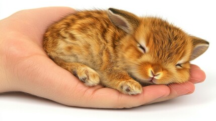 Cute Baby Rabbit Sleeping Peacefully in a Gentle Hand