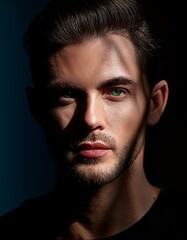 Fototapeta premium A colorful portrait of a person radiating mystery, with delicate shadows and reflections highlighting their features, creating a captivating and enigmatic atmosphere.