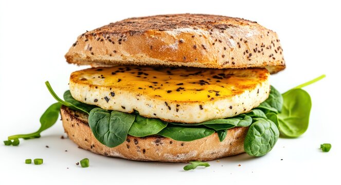 Tofu egg sandwich with fresh spinach and mustard on a white background, isolated. A healthy plant-based meal of halloumi or barcel chicken