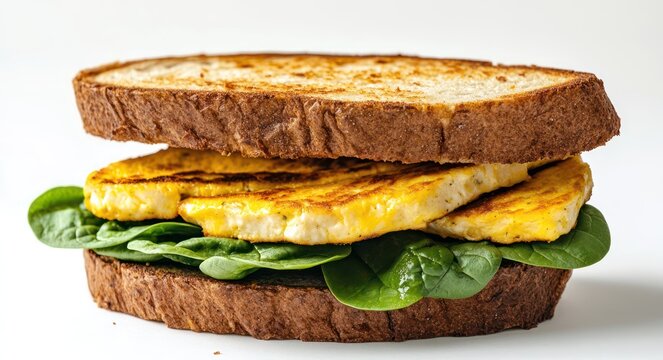 Tofu egg sandwich with fresh spinach and mustard on a white background, isolated. A healthy plant-based meal of halloumi or barcel chicken