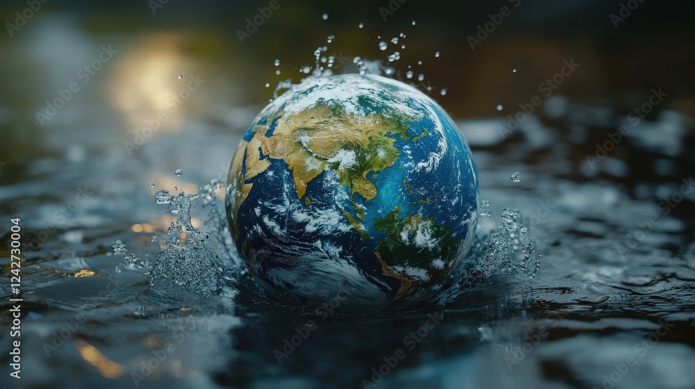 Poster surreal representation of earth emerging from water with splashes and reflections capturing natural 