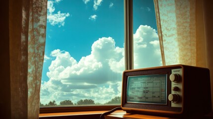 Vintage Radio on Windowsill with Cloudy View