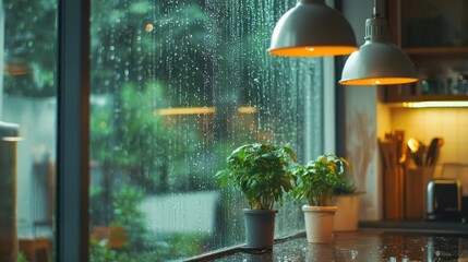 Cozy Kitchen Window with Rain and Warm Lights