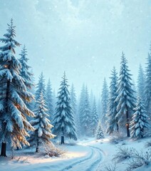 Winter forest landscape with snow-covered trees and twinkling lights , serene beauty, forest scenery, magical night