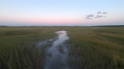 Fototapeta premium Serene marsh sunset, tranquil waterway, coastal grasses