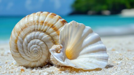 A close-up of a spiral shell and a fan-shaped shell on a sandy beach with a turquoise sea.