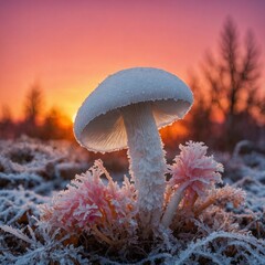 A frost-kissed white mushroom under a vibrant pink and orange sunrise.