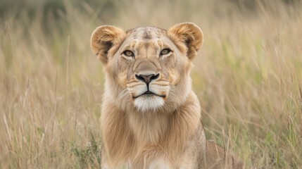Obraz premium Lioness gazing, tall grass savanna, wildlife