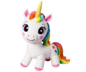 Obraz premium A plush, squishy rainbow unicorn toy for toddlers, with a soft mane and a happy expression, on a transparent background