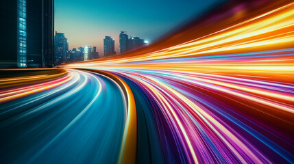 Fototapeta premium Bright multicolored light trails illuminate a city street at night, representing speed and technology in an urban environment.