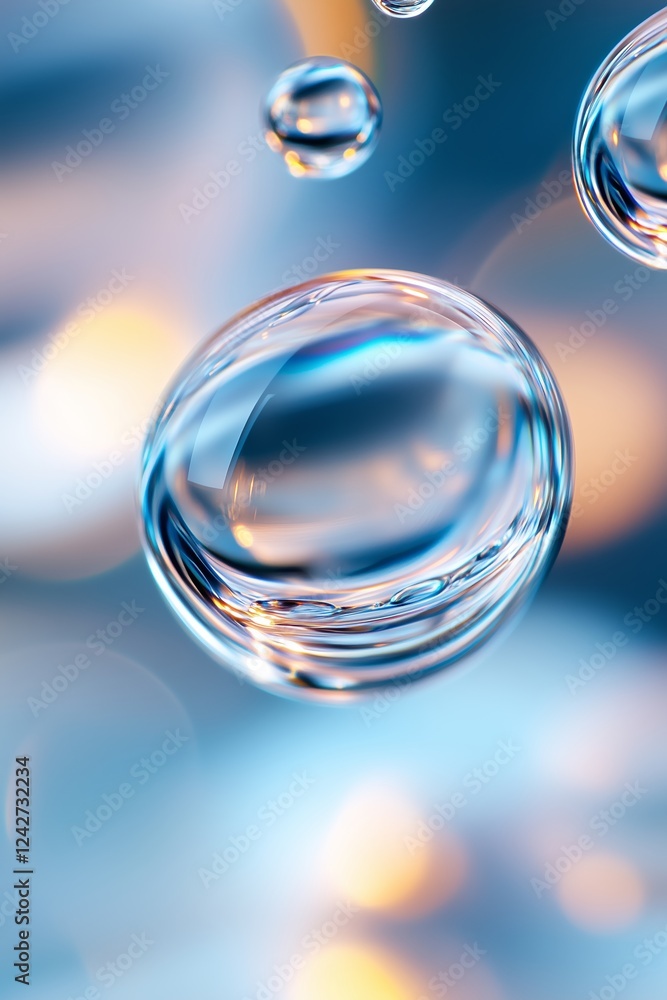 Poster transparent sphere and droplets refract light, creating smooth reflections. macro shot highlights fl