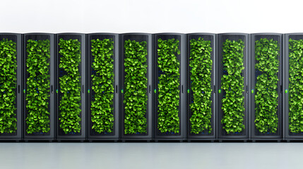 Moss-covered data center with living server walls, featuring sustainable technology and nature integration in a futuristic, eco-friendly design.
