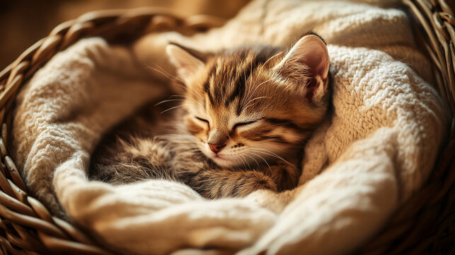 Cozy domestic scene featuring a fluffy cat sleeping peacefully in warm ambient lighting, capturing a moment of relaxation and feline comfort