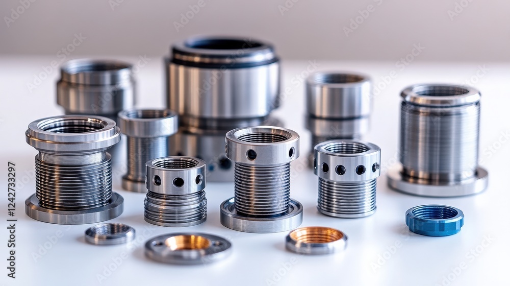 Poster close-up of various precision-engineered metallic components arranged on a white surface