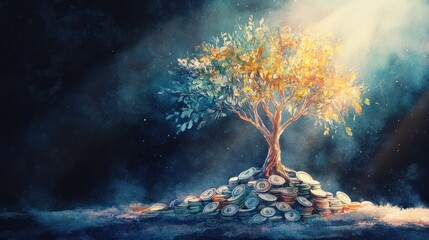 Money tree growing on coins, dark background, financial growth