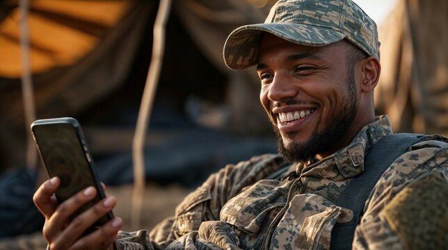 Close-up of a diverse military service member in uniform, sitting outdoors making a video call